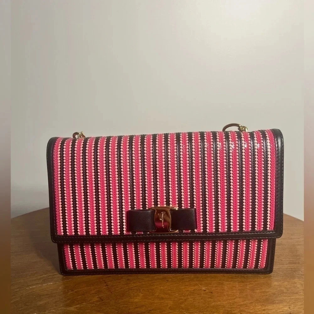 Salvatore Ferragamo Zig Zag Chain Shoulder Bag Pink Black Stripe Bow Accent